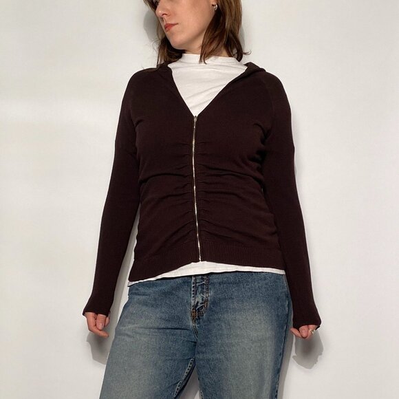 Vintage Brown Y2K PERFECT BASIC Scrunchy Ruched Zip Up HOODIE Cardigan! M to L - Picture 7 of 14